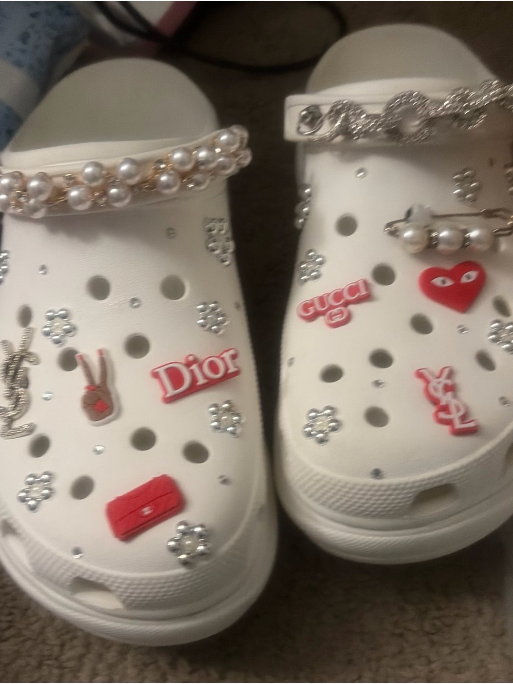 CROCS White Embellished Pearl & Designer Charm Clogs - Picture 2 of 2